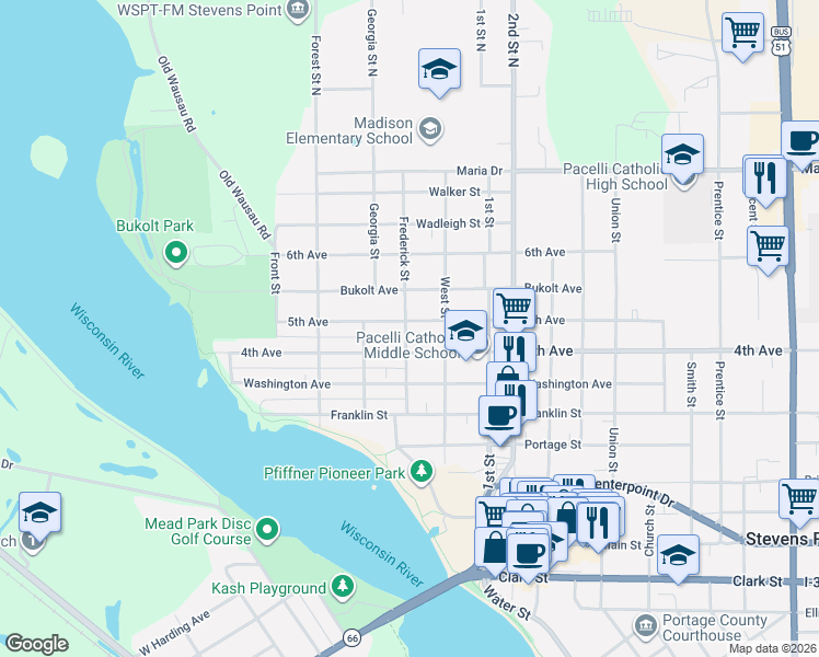 map of restaurants, bars, coffee shops, grocery stores, and more near 601 5th Avenue in Stevens Point