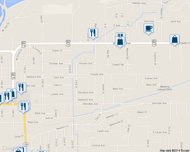 map of restaurants, bars, coffee shops, grocery stores, and more near 1005 Blackburn Avenue in Cody