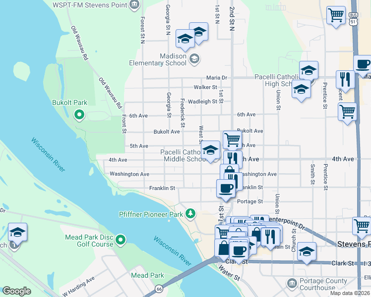 map of restaurants, bars, coffee shops, grocery stores, and more near 534 4th Avenue in Stevens Point