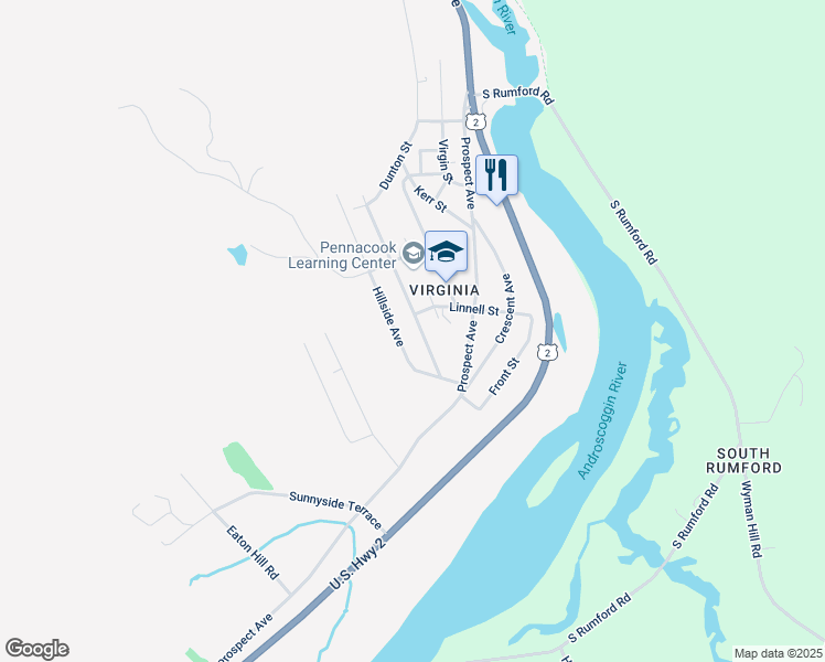 map of restaurants, bars, coffee shops, grocery stores, and more near 824 Spring Avenue in Rumford