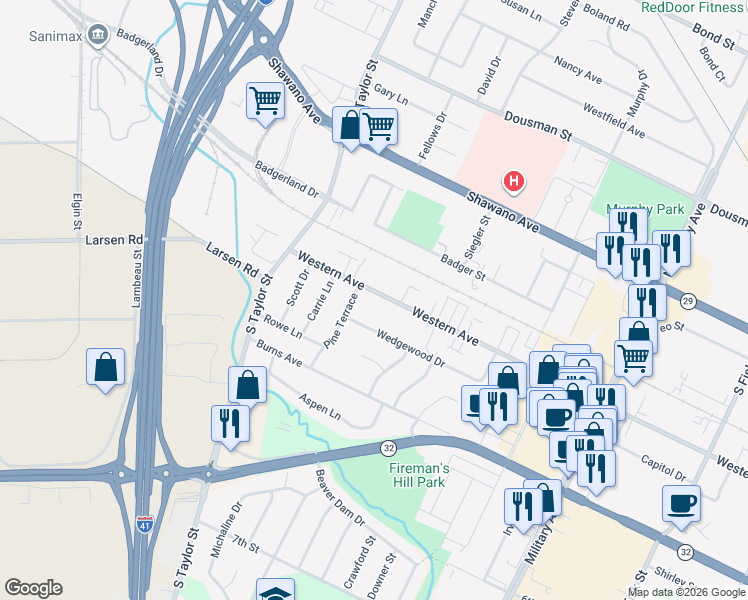 map of restaurants, bars, coffee shops, grocery stores, and more near 1792 Wedgewood Drive in Green Bay