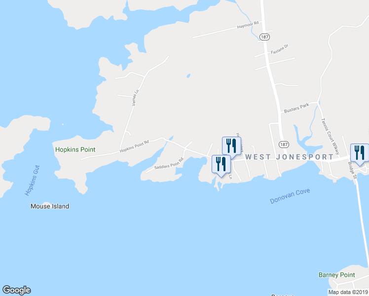 map of restaurants, bars, coffee shops, grocery stores, and more near Hopkins Point Road in Jonesport