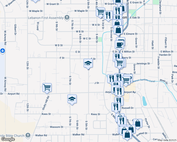 map of restaurants, bars, coffee shops, grocery stores, and more near 1700 South 5th Street in Lebanon