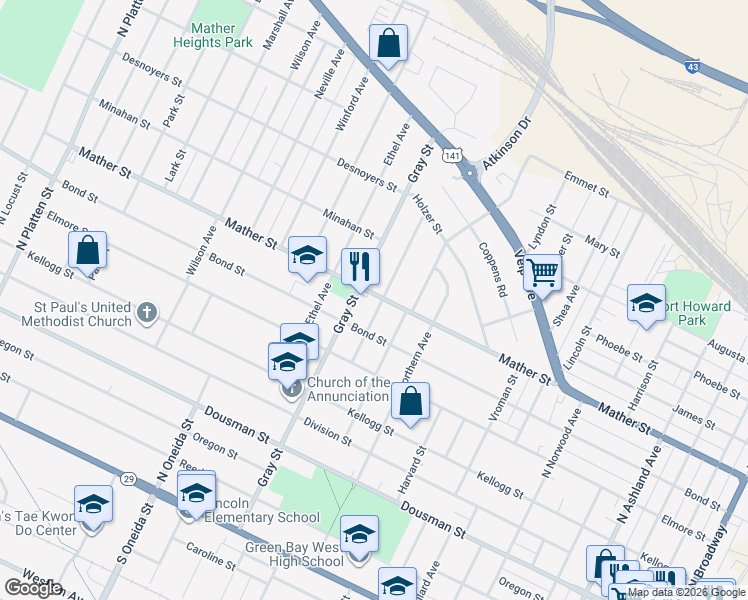 map of restaurants, bars, coffee shops, grocery stores, and more near 618 Roy Avenue in Green Bay