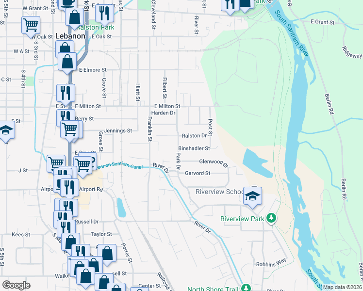 map of restaurants, bars, coffee shops, grocery stores, and more near 1775 Park Drive in Lebanon