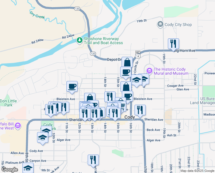 map of restaurants, bars, coffee shops, grocery stores, and more near 813 14th Street in Cody