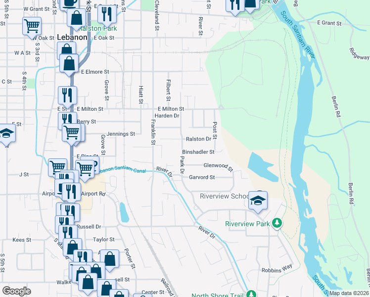 map of restaurants, bars, coffee shops, grocery stores, and more near 1775 Park Drive in Lebanon