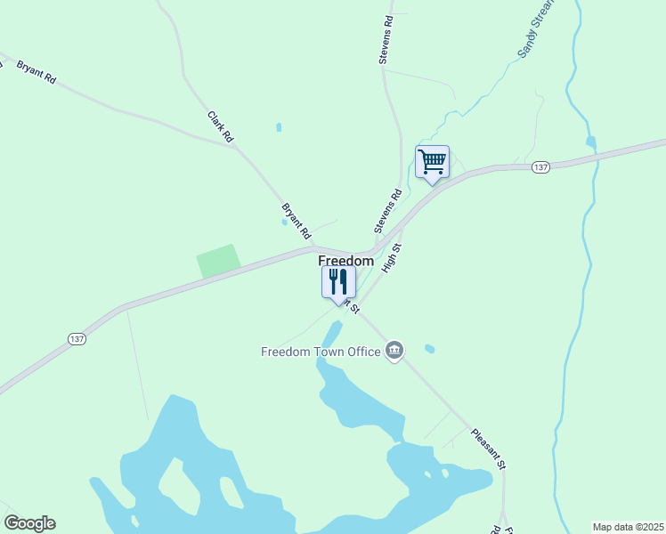 map of restaurants, bars, coffee shops, grocery stores, and more near 21 Pleasant Street in Freedom