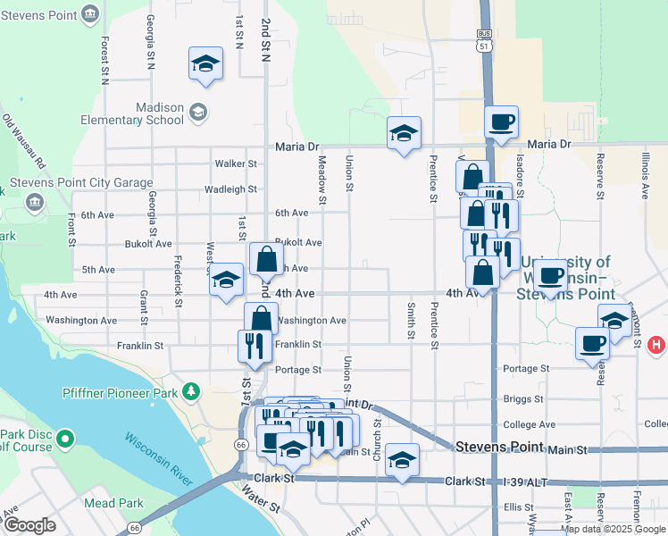 map of restaurants, bars, coffee shops, grocery stores, and more near 1100 4th Avenue in Stevens Point