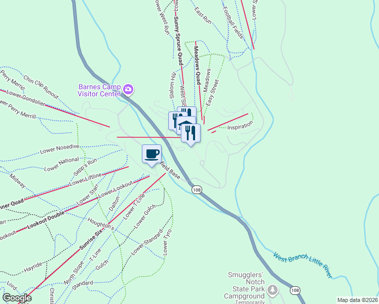 map of restaurants, bars, coffee shops, grocery stores, and more near 7412 Mountain Road in Stowe