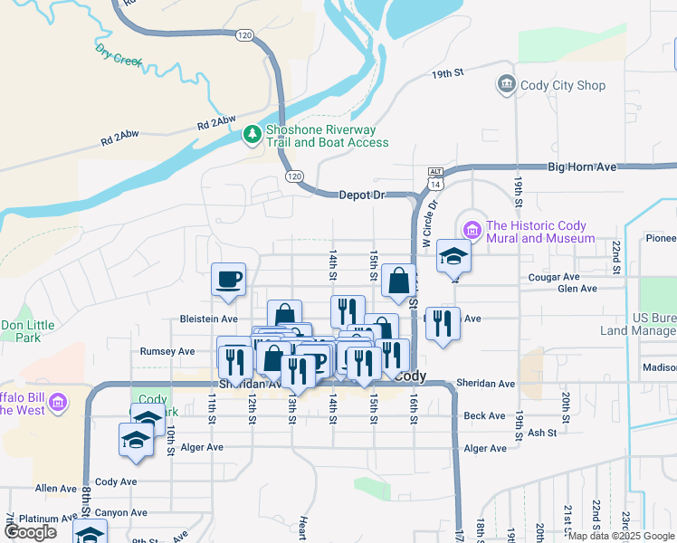 map of restaurants, bars, coffee shops, grocery stores, and more near 1343 Wyoming Avenue in Cody