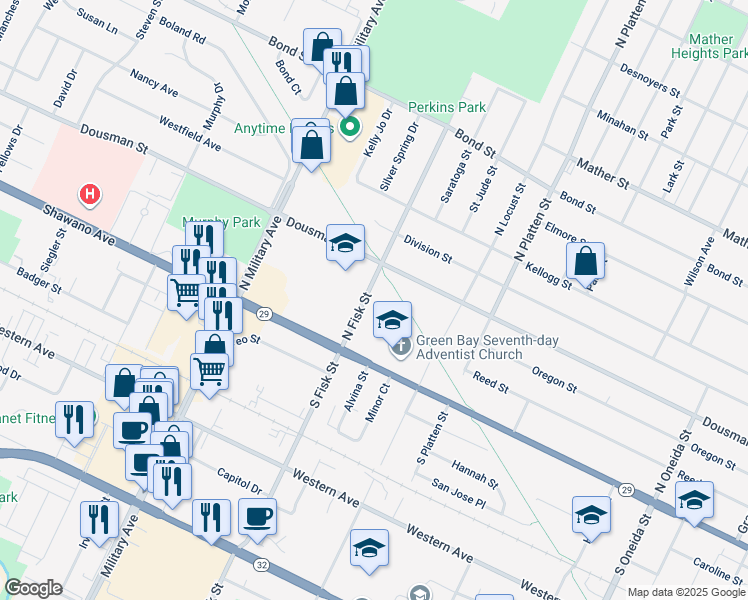 map of restaurants, bars, coffee shops, grocery stores, and more near 205 North Fisk Street in Green Bay