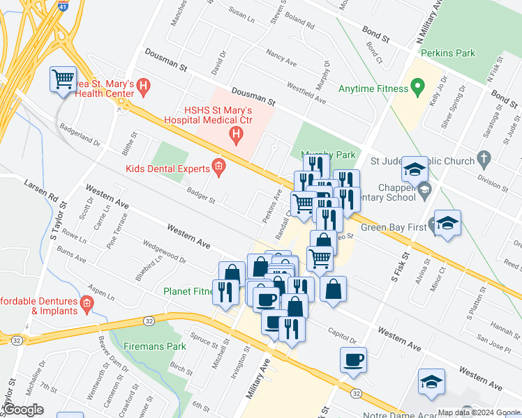 map of restaurants, bars, coffee shops, grocery stores, and more near 130 Badger Lane in Green Bay