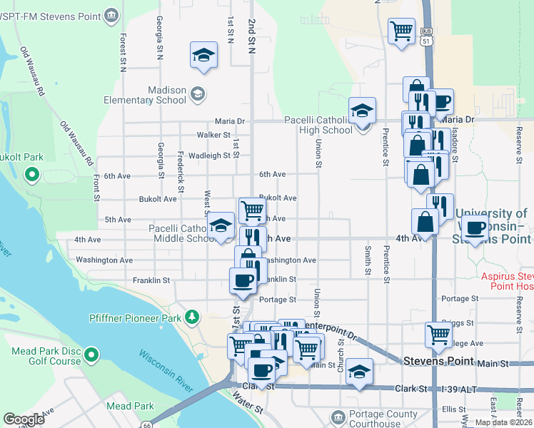 map of restaurants, bars, coffee shops, grocery stores, and more near 500 3rd Street in Stevens Point