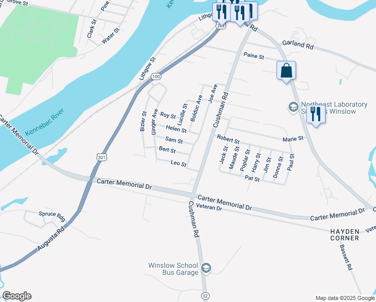 map of restaurants, bars, coffee shops, grocery stores, and more near 8 Sam Street in Winslow