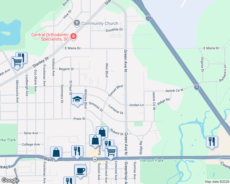 map of restaurants, bars, coffee shops, grocery stores, and more near 507 Sunset Boulevard in Stevens Point