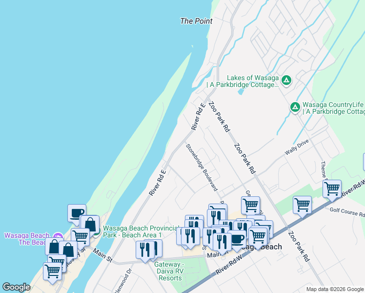 map of restaurants, bars, coffee shops, grocery stores, and more near 243 River Road East in Wasaga Beach