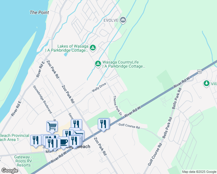 map of restaurants, bars, coffee shops, grocery stores, and more near 6 Clover Crescent in Wasaga Beach