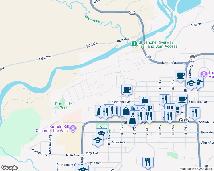 map of restaurants, bars, coffee shops, grocery stores, and more near 613 11th Street in Cody