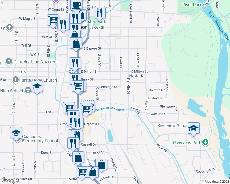 map of restaurants, bars, coffee shops, grocery stores, and more near 310 Jennings Street in Lebanon