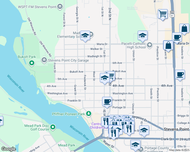 map of restaurants, bars, coffee shops, grocery stores, and more near 633 Bukolt Avenue in Stevens Point