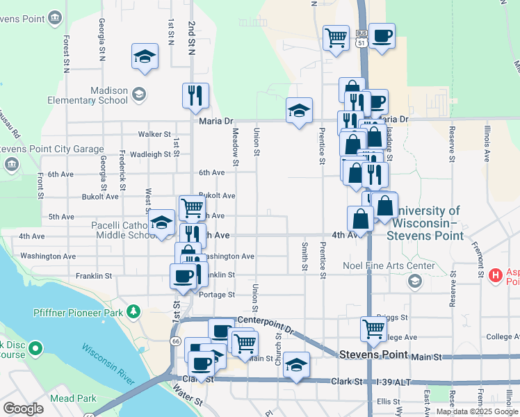 map of restaurants, bars, coffee shops, grocery stores, and more near 525 Union Street in Stevens Point