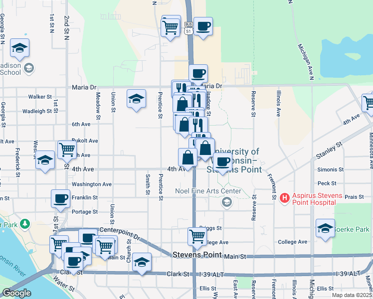 map of restaurants, bars, coffee shops, grocery stores, and more near 492 Division Street in Stevens Point