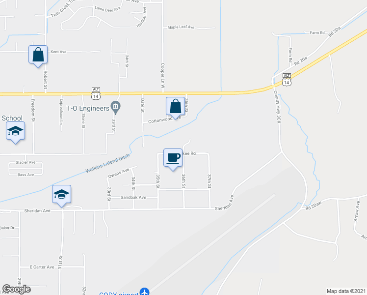 map of restaurants, bars, coffee shops, grocery stores, and more near 36th Street in Cody