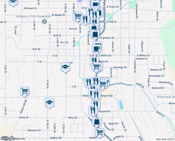 map of restaurants, bars, coffee shops, grocery stores, and more near 1652 Cooper Street in Lebanon