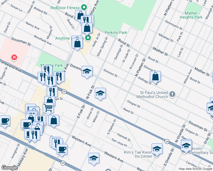 map of restaurants, bars, coffee shops, grocery stores, and more near 1420 Dousman Street in Green Bay