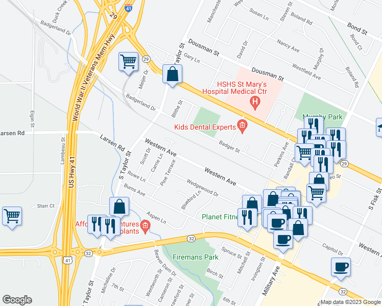 map of restaurants, bars, coffee shops, grocery stores, and more near 1800 Western Avenue in Green Bay