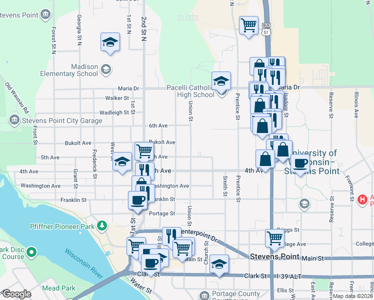 map of restaurants, bars, coffee shops, grocery stores, and more near 501 Union Street in Stevens Point