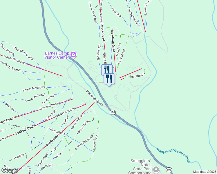 map of restaurants, bars, coffee shops, grocery stores, and more near 7412 Mountain Road in Stowe