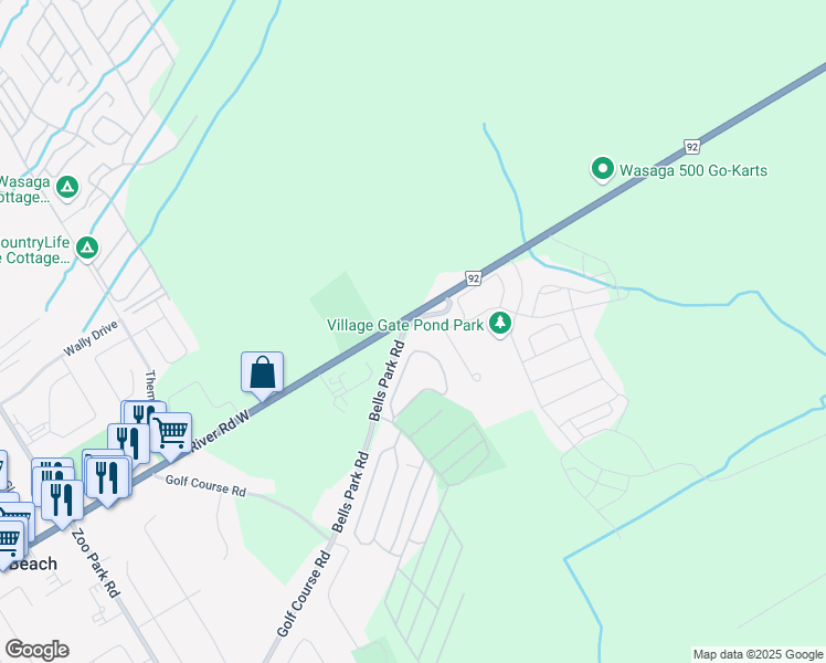 map of restaurants, bars, coffee shops, grocery stores, and more near 5 Bells Park Road in Wasaga Beach