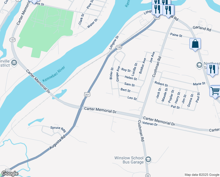 map of restaurants, bars, coffee shops, grocery stores, and more near 16 Bizier Street in Winslow