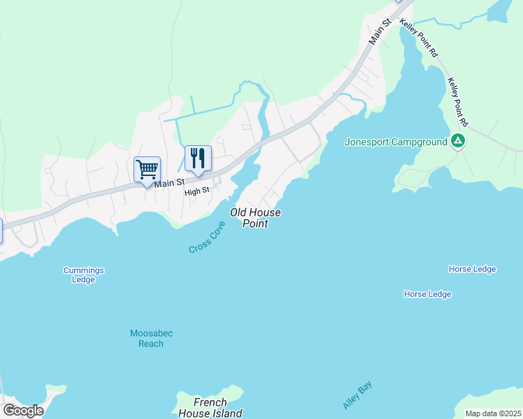 map of restaurants, bars, coffee shops, grocery stores, and more near 26 Western Avenue in Jonesport
