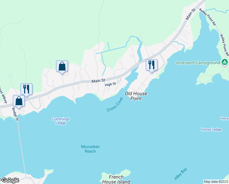 map of restaurants, bars, coffee shops, grocery stores, and more near 15 High Street in Jonesport