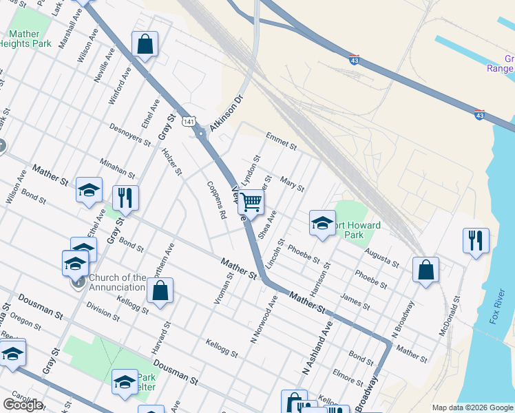 map of restaurants, bars, coffee shops, grocery stores, and more near 924 Gallagher Street in Green Bay