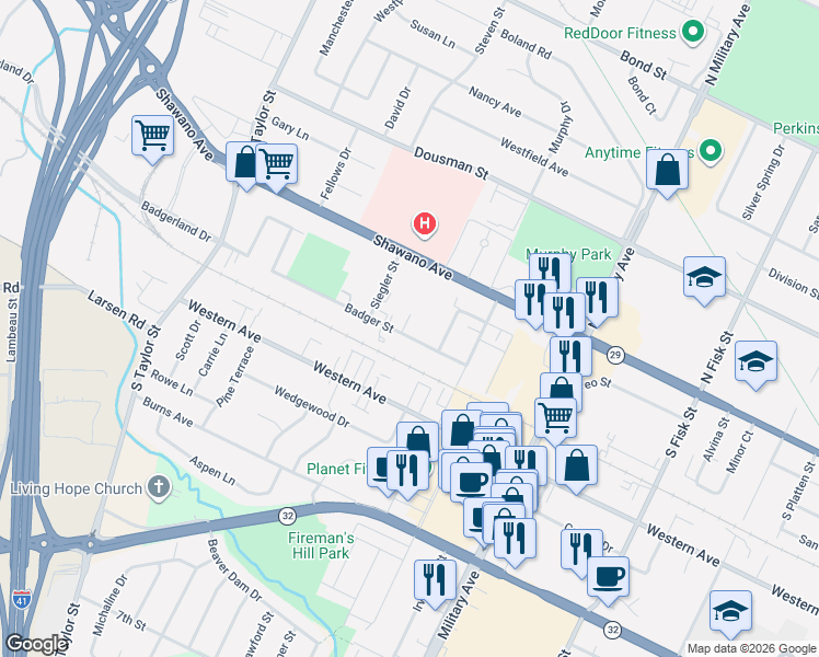 map of restaurants, bars, coffee shops, grocery stores, and more near 1704 Badger Street in Green Bay