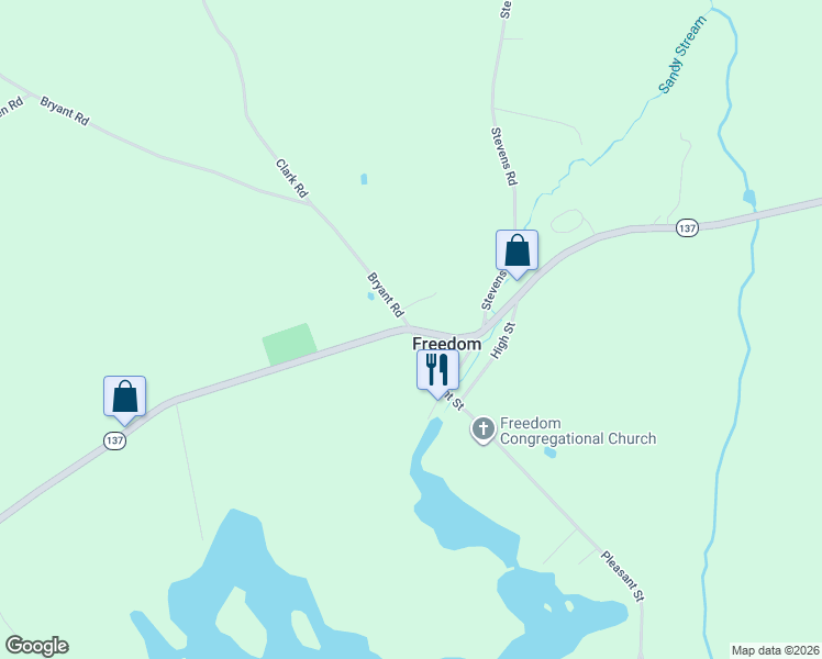 map of restaurants, bars, coffee shops, grocery stores, and more near 144 Bryant Road in Freedom