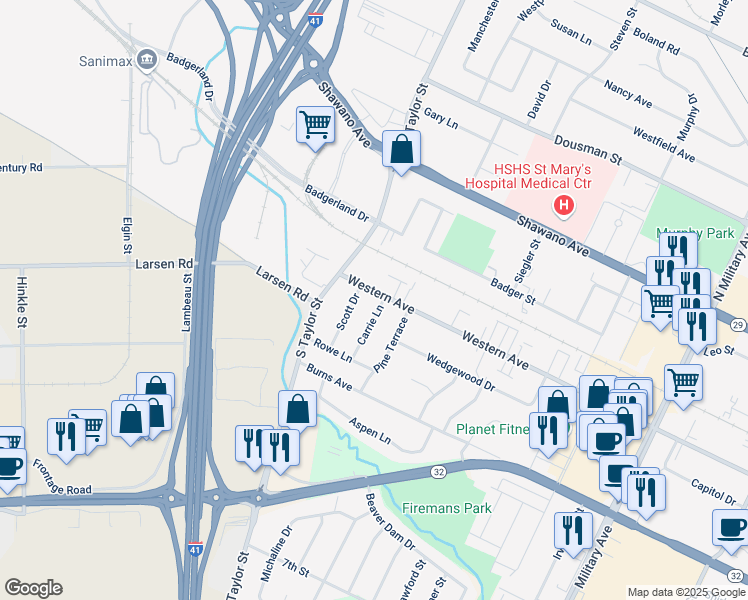 map of restaurants, bars, coffee shops, grocery stores, and more near 1849 Western Avenue in Green Bay