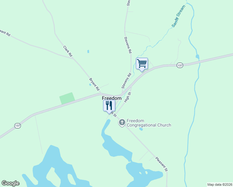 map of restaurants, bars, coffee shops, grocery stores, and more near 2 Stevens Road in Freedom