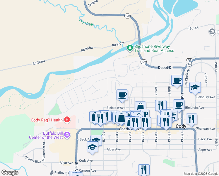 map of restaurants, bars, coffee shops, grocery stores, and more near 620 11th Street in Cody
