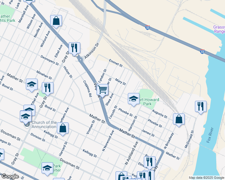 map of restaurants, bars, coffee shops, grocery stores, and more near 924 Gallagher Street in Green Bay