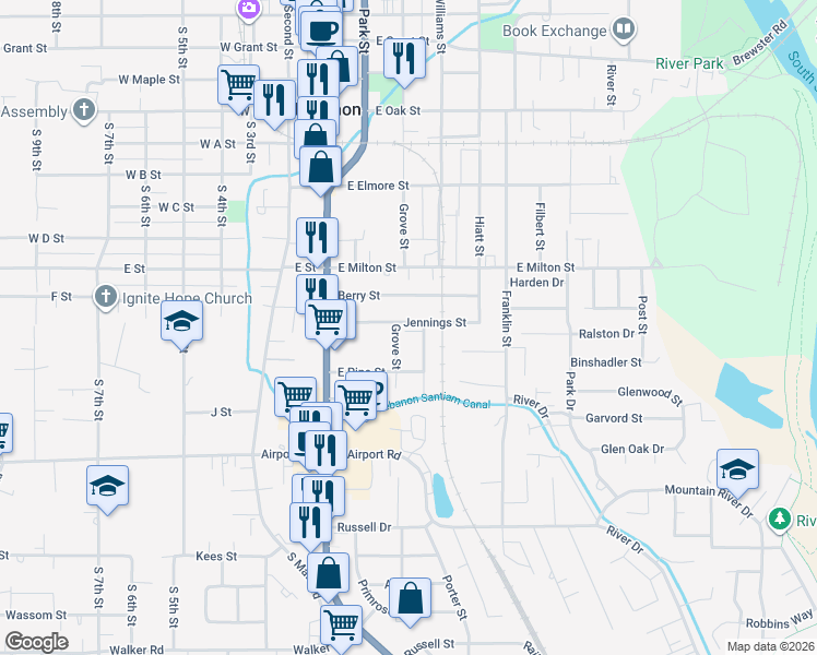 map of restaurants, bars, coffee shops, grocery stores, and more near 222 Jennings Street in Lebanon