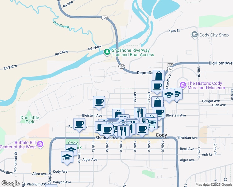 map of restaurants, bars, coffee shops, grocery stores, and more near 638 13th Street in Cody