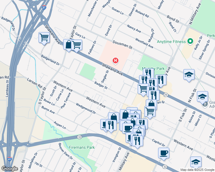 map of restaurants, bars, coffee shops, grocery stores, and more near 1730 Badger Street in Green Bay