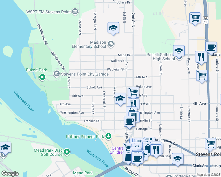 map of restaurants, bars, coffee shops, grocery stores, and more near 633 Bukolt Ave in Stevens Point