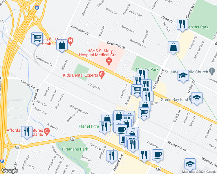 map of restaurants, bars, coffee shops, grocery stores, and more near 130 Badger Lane in Green Bay