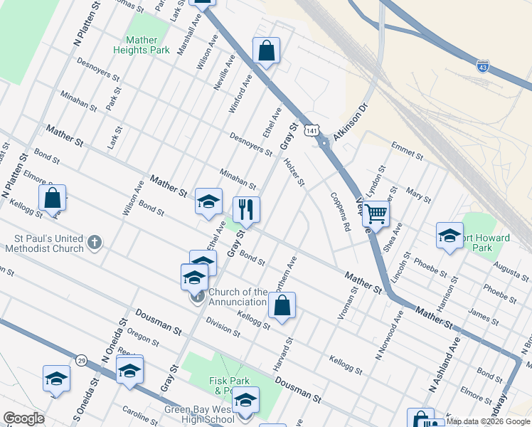 map of restaurants, bars, coffee shops, grocery stores, and more near 721 Roy Avenue in Green Bay